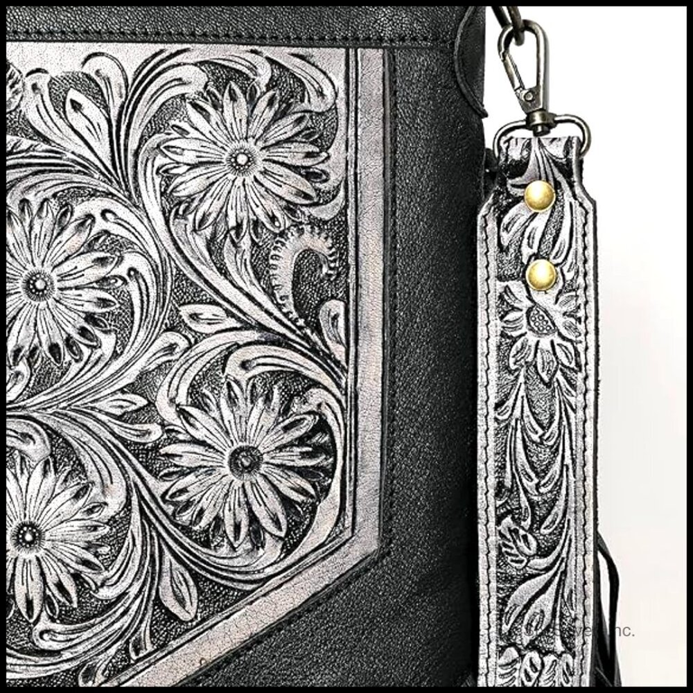 Hand-Carved Fringed Shoulder Bag Natural Cowhide Crossbody Bag - Picture 6 of 6